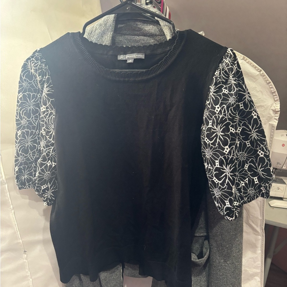 Adrianna Papell Black Top with White Floral Sleeves